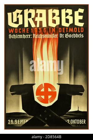 Affiche de propagande d'époque de la croûte au feu et de la swastika publiée en Allemagne nazie - Grabbe-Woche dans Detmold 26.09. - 2.10.1936. Promu par Schirmherr Reichsminister Dr Goebbels - Hermannsschlacht est le titre d'un drame historique de Christian Dietrich Grabbe , qui traite de la bataille historique entre le prince Cheruscan Arminius (Hermann) et l'armée romaine sous Varus en l'an 9 AD. Adoptée pour la scène, la production a été montrée le 2 octobre 1936 comme une performance de festival pendant la semaine GRABBE de rassemblement extrême droite et de spectacle visuel de symbolisme nazi Banque D'Images