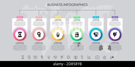 Cercles infographiques avec 6 étapes, carrés. Modèle vectoriel utilisé pour le diagramme, l'entreprise, la mise en page du flux de travail, les présentations, l'organigramme, info graphe, heure Illustration de Vecteur