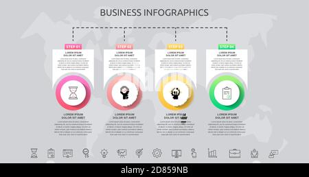 Cercles infographiques avec 4 étapes, carrés. Modèle vectoriel utilisé pour le diagramme, l'entreprise, le Web, la bannière, la mise en page du flux de travail, présentations, organigramme, info Illustration de Vecteur