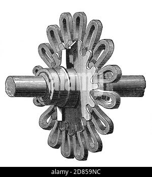 Illustration du XIXe siècle de l'armature Zigzag inventée par Liverpoool né ​Sebastian de Ferranti (1864-1930). Lorsqu'elle est combinée à la dynamo de Sir William Thomson (Lord Kelvin's), la machine a produit cinq fois la production d'électricité AC (courant alternatif AC) que n'importe quelle machine précédente de sa taille. Banque D'Images