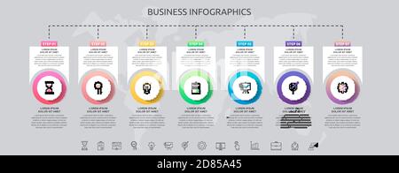 Cercles infographiques avec 7 étapes, carrés. Modèle vectoriel utilisé pour le diagramme, l'entreprise, le Web, la bannière, la mise en page du flux de travail, les présentations, la chronologie et le contenu Illustration de Vecteur