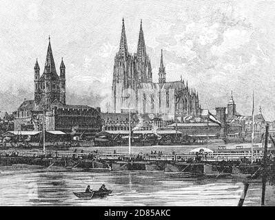 Vue de la fin du XIXe siècle sur la cathédrale de Cologne, l'église de la cathédrale Saint-Pierre se trouve à Cologne, en Rhénanie-du-Nord-Westphalie, en Allemagne. La construction de la cathédrale catholique a commencé en 1248 mais a été interrompue dans les années autour de 1560 inachevé. Les travaux ont repris dans les années 1840, et l'édifice a été achevé à son plan médiéval original en 1880. Financé en partie par l'État, il a été considéré comme un projet pour symboliser la nationalité allemande. Banque D'Images