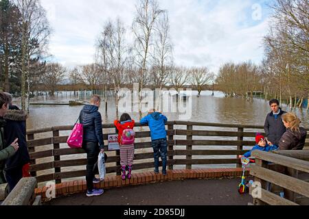 Les enfants regardent le terrain de sport inondé de Tonbridge, dans le Kent, au Royaume-Uni, à la suite des inondations de la rivière Medway voisine Banque D'Images