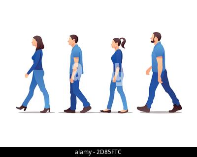 Ensemble vectoriel de personnages de marche et debout. Collection de 4 personnes. Conception plate simple, coloris bleus. Illustration de Vecteur