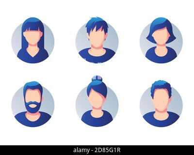 Ensemble d'avatars ronds divers isolés sur fond blanc. Différents styles de vêtements et de cheveux. Dessin animé plat simple avec dégradé. Illustration de Vecteur