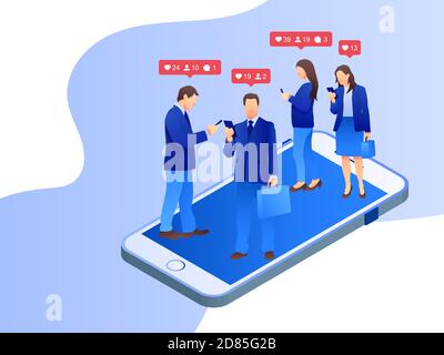 Groupe de médias sociaux. Les gens d'affaires qui interagissent sur les médias sociaux. Les femmes utilisant différentes plates-formes sociales. Communication et connexion en ligne. Illustration de Vecteur