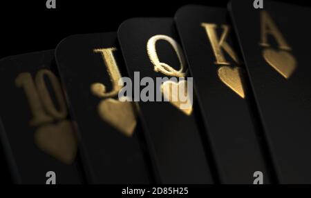 Une combinaison de cinq casinos noirs de couleur royale jouer aux cartes avec des marques d'or sur un fond sombre et élégant - rendu 3D Banque D'Images