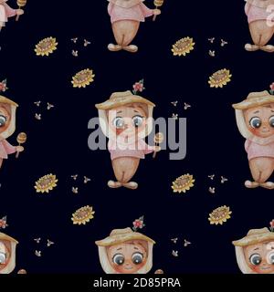 Motifs sans couture. Gardien de but. Mignon garçon avec miel dans un chapeau de protection d'un apiculteur sur un fond noir avec des abeilles et des tournesols jaunes Banque D'Images