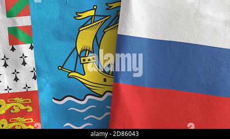Russie et Saint-Pierre-et-Miquelon deux drapeaux tissu textile Rendu 3D Banque D'Images