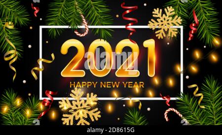 Nouvel an et Noël fond noir avec des numéros dorés 2021, des branches de pin réalistes, des bonbons, des flocons de neige en or scintillant et des guirlandes Illustration de Vecteur