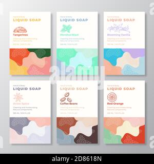 Collection de modèles d'étiquettes de savon liquide. Formes abstraites Camo fond vecteur couvertures ensemble. Pack de conception d'emballages cosmétiques. Fruits dessinés à la main Illustration de Vecteur