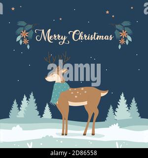 Carte de vœux de joyeux Noël avec illustration du joli vecteur cerf. Caricature de Noël animal sauvage port foulard, renne personnage debout dans la neige froid xmas paysage, hiver vacances design arrière-plan Illustration de Vecteur