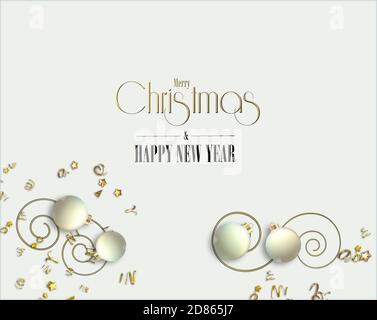Carte minimaliste Joyeux Noël. Confettis dorés brillants, boules de Noël blanches boules baubles sur fond blanc jaune. Texte Joyeux Noël Bonne Année. Illustration 3D Banque D'Images