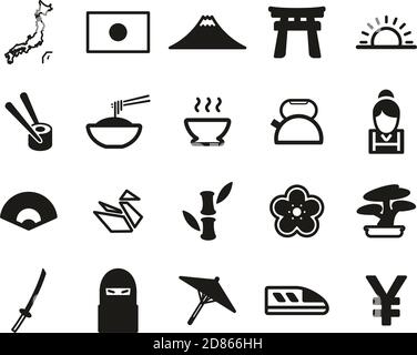 Japon icônes pays et culture ensemble noir et blanc grand Illustration de Vecteur