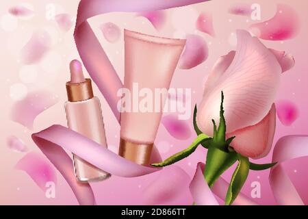 Illustration vectorielle rose rose luxe cosmétiques. Affiche promotionnelle de produits cosmétiques de beauté avec sérum de crème de soin de la peau en bouteille de verre et emballage de tube en plastique, ruban rose doux et fond de fleur rose Illustration de Vecteur