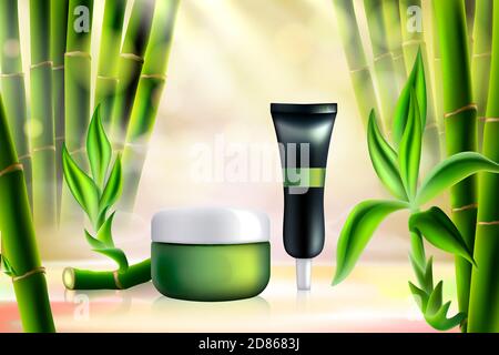 Illustration vectorielle Bamboo Cosmetics. Récipient en tube réaliste pour crème soin du visage, maquette de cosmétologie avec ingrédient organique tropical, bâtonnets de bambou vert et fond de feuilles Illustration de Vecteur