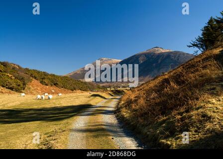 Llyn sentier côtier avec Goch de Gyrn et DDU de Gyrn distance d'identification, Trefor, péninsule de Lleyn près de Caernarfon, Gwynedd, Nord du pays de Galles. Banque D'Images