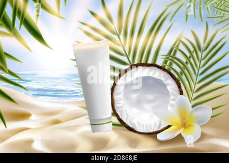 Illustration vectorielle de l'emballage des produits cosmétiques Coconut. Emballage réaliste de tube pour les procédures de beauté sur la plage de mer et les feuilles de palmier, crème hydratante, gel ou lait lotion corporelle avec huile de coco naturelle Illustration de Vecteur