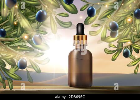 Produit de beauté à l'huile d'olive, illustration vectorielle de l'emballage cosmétique. Design 3D promotionnel réaliste avec flacon en verre pour le soin du visage au sérum et fond d'affiche vert ensoleillé de cosmétologie nature Illustration de Vecteur