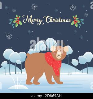 Carte de vœux Merry Christmas avec illustration vectorielle de l'ours mignon. Dessin animé animal de Noël debout en hiver neige nature arrière-plan, arbres sous la neige et les perdrix, heureux ours de Noël porte le foulard rouge Illustration de Vecteur