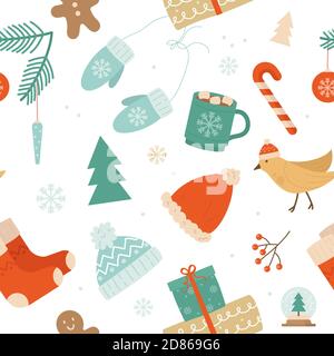 Illustration vectorielle sans couture motif Merry Christmas. Fond de Noël avec branche d'arbre de Noël décorée, oiseau avec chapeau rouge du Père Noël, chaussettes et boîtes cadeaux pour célébrer les vacances d'hiver Illustration de Vecteur