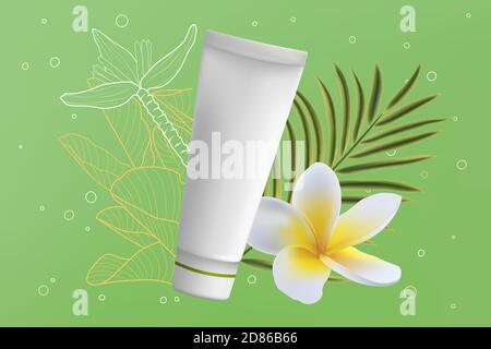 Illustration vectorielle des cosmétiques à tube de crème. 3d realistic package ads avec produit crémeux pour soins de beauté visage, feuilles de palmier vert et fleur de plumeria, soins de santé cosmetologie fond publicitaire Illustration de Vecteur