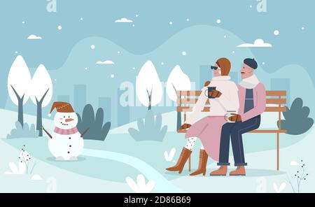 Les gens aiment l'illustration du vecteur météo de Noël. Caricature couple heureux personnages assis sur le banc du parc, boire des boissons chaudes et apprécier le paysage de Noël d'hiver sous la neige et le joli fond de bonhomme de neige Illustration de Vecteur