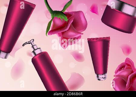 Illustration vectorielle rose rose série cosmétiques. bouteille cosmétique 3d en plastique avec distributeur de pompe pour hydratant corporel, emballage de tube avec produit de crème liquide de soin du visage et fond rose naturel Illustration de Vecteur