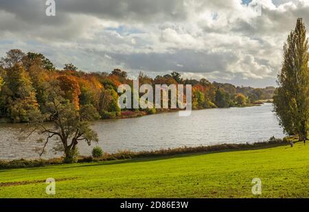 Le lac pittoresque et la couleur de l'automne dans les arbres de la maison et des jardins de Bowood, Calne, Wiltshire, Angleterre, Royaume-Uni Banque D'Images