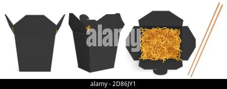 Coffret wok avec maquette de nouilles et de bâtonnets, contenant noir à emporter, sac vierge pour repas chinois ou fastfood vue de dessus et de devant. Papier ouvert maquette de vecteur 3d réaliste isolée sur fond blanc Illustration de Vecteur