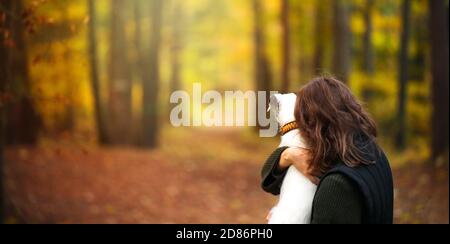 Jeune femme tenant son petit chien blanc sur les mains dans le parc d'automne. Photo de haute qualité Banque D'Images