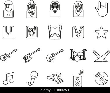 KiSS Band Icons Black & White Thin Line Set Big Illustration de Vecteur