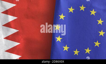 Union européenne et Bahreïn deux drapeaux textile tissu rendu 3D Banque D'Images