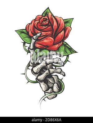 Tatouage de fleur de rose dans la main de squelette humain isolée sur fond blanc. Illustration vectorielle. Illustration de Vecteur