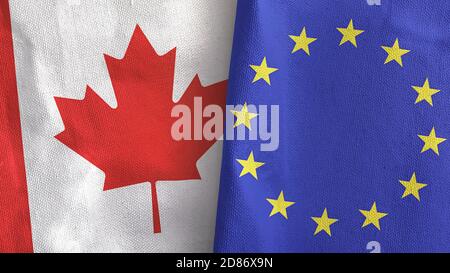 Union européenne et Canada deux drapeaux textile tissu rendu 3D Banque D'Images