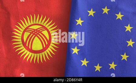 L'Union européenne et le Kirghizistan deux drapeaux textile tissu rendu 3D Banque D'Images