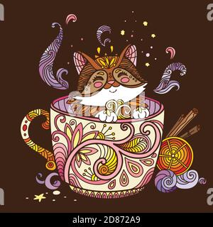 Chat kawaii mignon dans une tasse. Illustration anti-stress pour adulte avec un animal en forme de nœuds isolé sur fond marron. Illustration vectorielle colorée pour pri Illustration de Vecteur