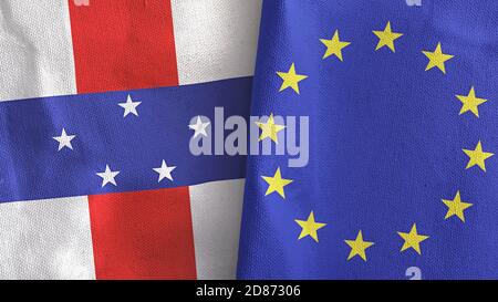 Union européenne et Antilles néerlandaises deux drapeaux textile tissu 3D rendu Banque D'Images