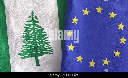 Union européenne et Norfolk Island deux drapeaux textile tissu 3D rendu Banque D'Images