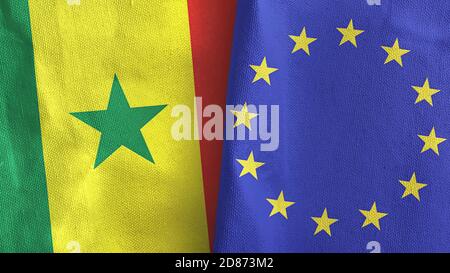 L'Union européenne et le Sénégal deux drapeaux textile tissu rendu 3D Banque D'Images