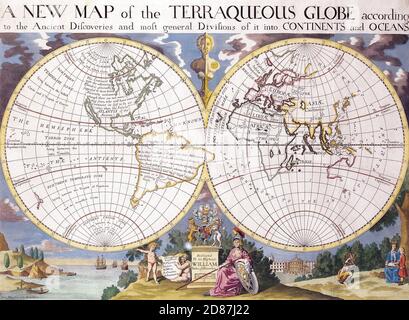 Une nouvelle carte du Terraqueous Globe. Ancienne carte du monde illustrée, style vintage plein de détails Banque D'Images