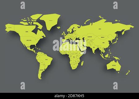 Carte politique du monde. Carte verte avec frontières nationales et étiquettes avec ombre portée sur fond gris foncé. Illustration vectorielle. Illustration de Vecteur