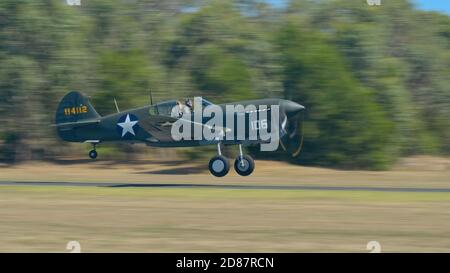 Tyabb, Victoria / Australie - Mars 9 2014: Curtiss P-40F Warhawk décollage à l'aéroport de Tyabb comme une démonstration dans le spectacle aérien de 2014 Banque D'Images