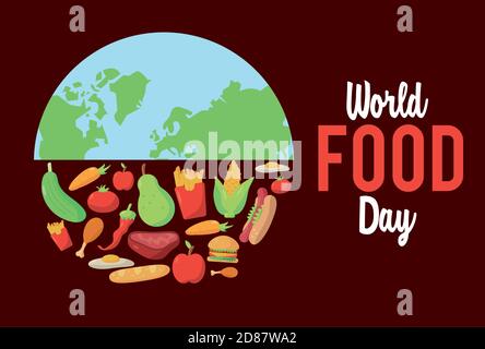affiche lettrage de la journée mondiale de la nourriture avec la moitié de la planète terre et illustration de vecteur alimentaire Illustration de Vecteur
