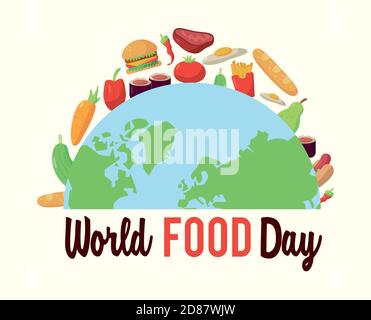 affiche lettrage de la journée mondiale de la nourriture avec la moitié de la planète terre et illustration de vecteur alimentaire Illustration de Vecteur