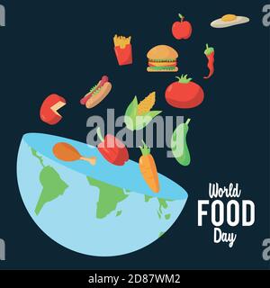 affiche lettrage de la journée mondiale de la nourriture avec la moitié de la planète terre et illustration de vecteur alimentaire nutritif Illustration de Vecteur