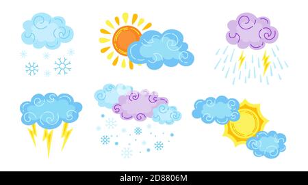 Ensemble de bandes dessinées météo. Soleil et nuages mignons dessinés à la main, pluie ou neige, foudre, nuageux et flocon de neige. Symboles de prévisions météorologiques. Panneaux infographiques météorologiques. Illustration vectorielle Illustration de Vecteur