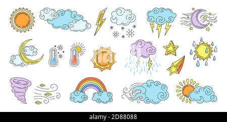 Ensemble de bandes dessinées météo. Soleil et nuages linéaires dessinés à la main, pluie ou neige, foudre, lune, étoile, arc-en-ciel. Symboles météo. Collection de couleurs vectorielles. Panneaux infographiques météorologiques Illustration de Vecteur