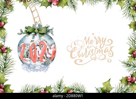 Affiche de vente de Noël avec lettrage et boule, serpentin et branches d'arbre sur fonds en bois. Illustration pour site Web et bannières, affiches, annonces Banque D'Images