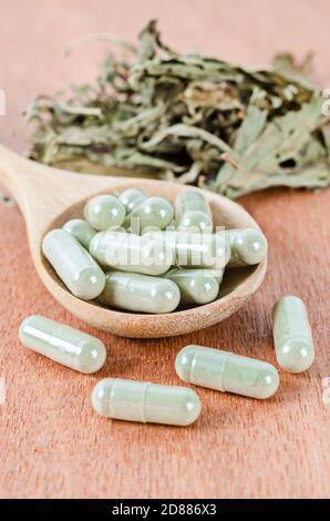 Capsules médicales d'herbes dans une cuillère en bois avec feuilles sèches herbe sur fond en bois. Banque D'Images